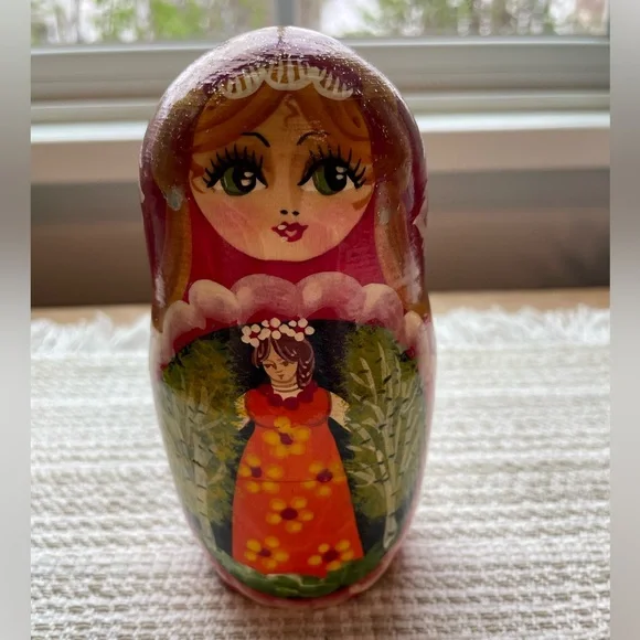 Vintage Matryoshka Wooden Nesting Dolls Ceprueb Nocag signed Fairy Tale Russian Art
